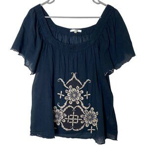 Matty M Black Peasant Blouse L Embroidered Boho Top Flutter Sleeves India